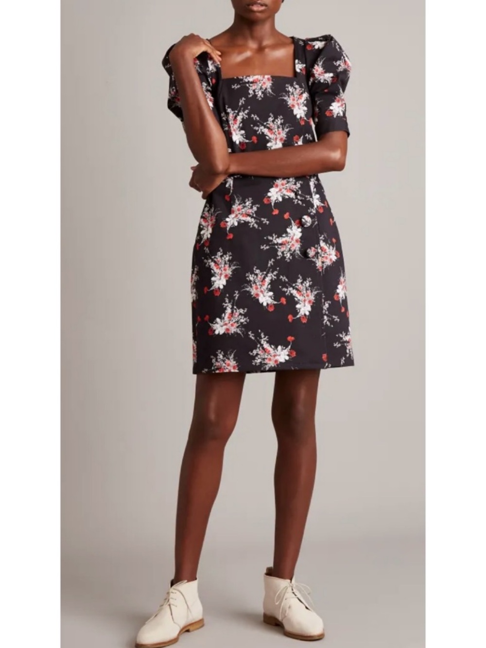 Adam Lippes Floral Print Puff Sleeve Stretch Cotton Twill Dress US 6 Like NEW